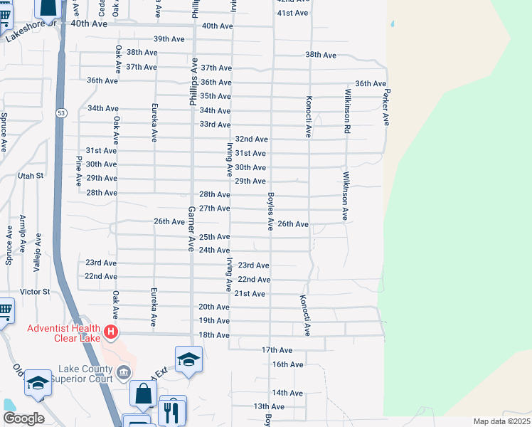 map of restaurants, bars, coffee shops, grocery stores, and more near 16115 27th Avenue in Clearlake