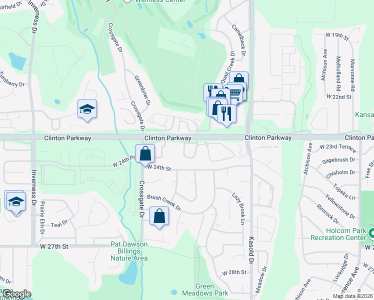 map of restaurants, bars, coffee shops, grocery stores, and more near in Lawrence