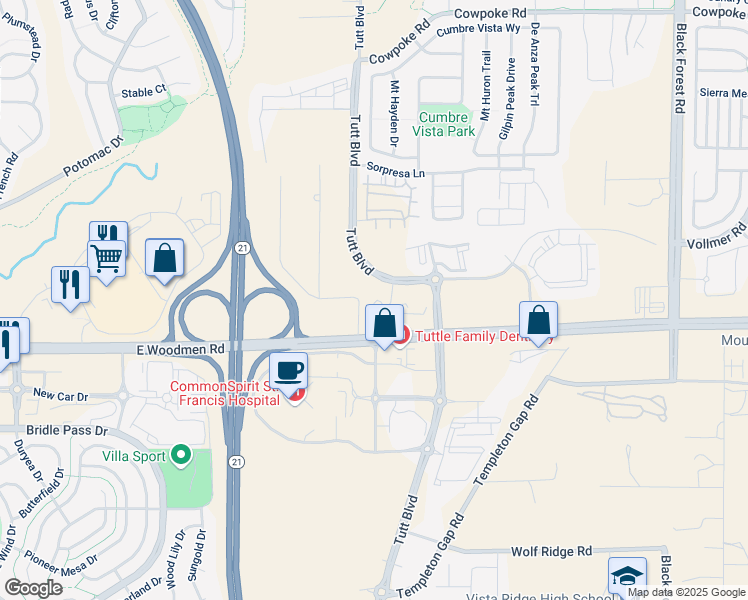 map of restaurants, bars, coffee shops, grocery stores, and more near 7600 Sandy Rock Point in Colorado Springs