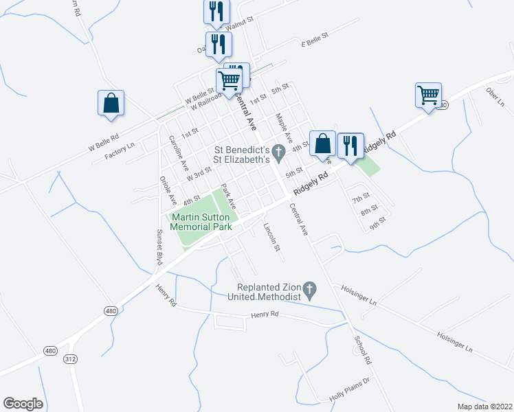 map of restaurants, bars, coffee shops, grocery stores, and more near 505 Maryland Avenue in Ridgely