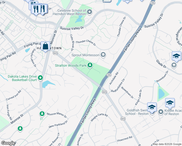 map of restaurants, bars, coffee shops, grocery stores, and more near 2449 Fox Mill Road in Herndon