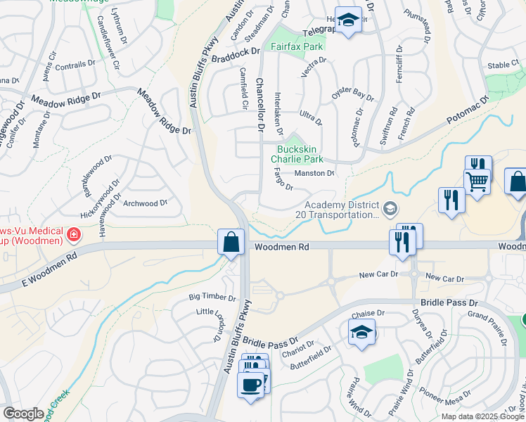 map of restaurants, bars, coffee shops, grocery stores, and more near 7590 Chancellor Drive in Colorado Springs