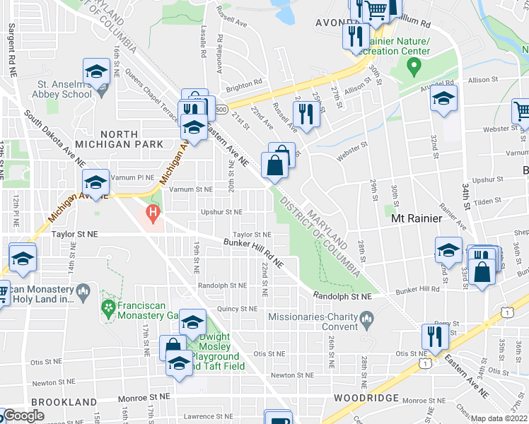 map of restaurants, bars, coffee shops, grocery stores, and more near 22nd St NE & Upshur St NE in Washington
