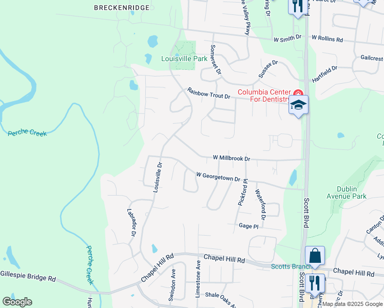 map of restaurants, bars, coffee shops, grocery stores, and more near 4928 West Millbrook Drive in Columbia