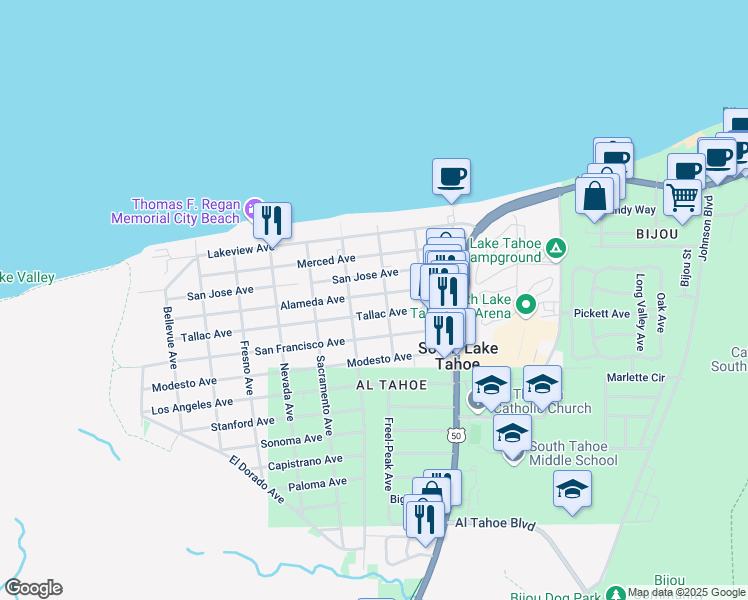 map of restaurants, bars, coffee shops, grocery stores, and more near 921 Tallac Avenue in South Lake Tahoe