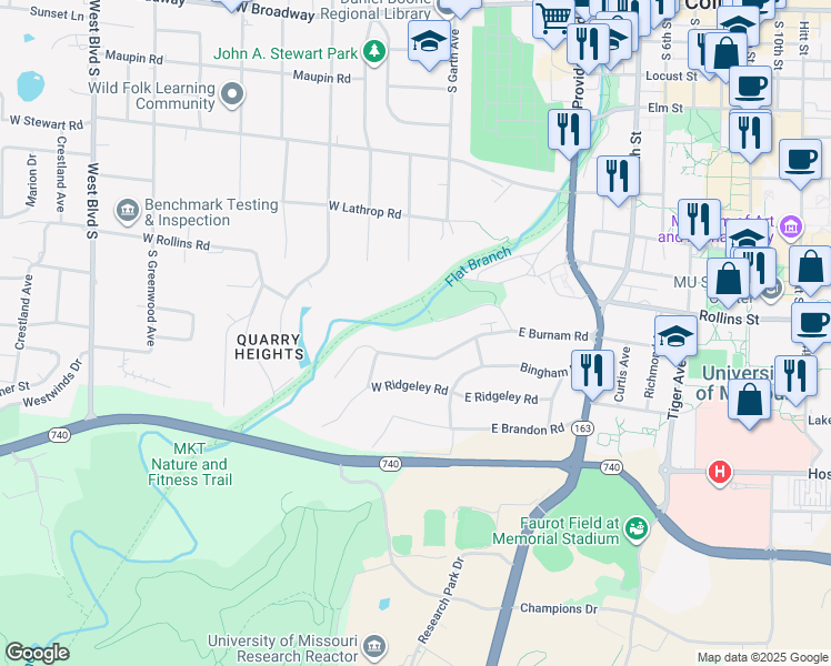 map of restaurants, bars, coffee shops, grocery stores, and more near 109 West Burnam Road in Columbia
