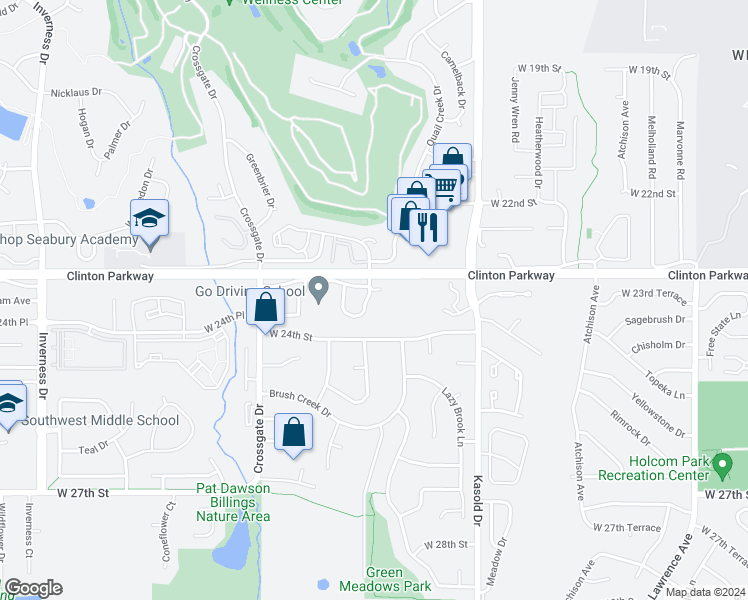 map of restaurants, bars, coffee shops, grocery stores, and more near 3601 Clinton Parkway in Lawrence