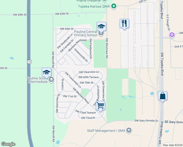 map of restaurants, bars, coffee shops, grocery stores, and more near 1520 Southwest 69th Terrace in Topeka
