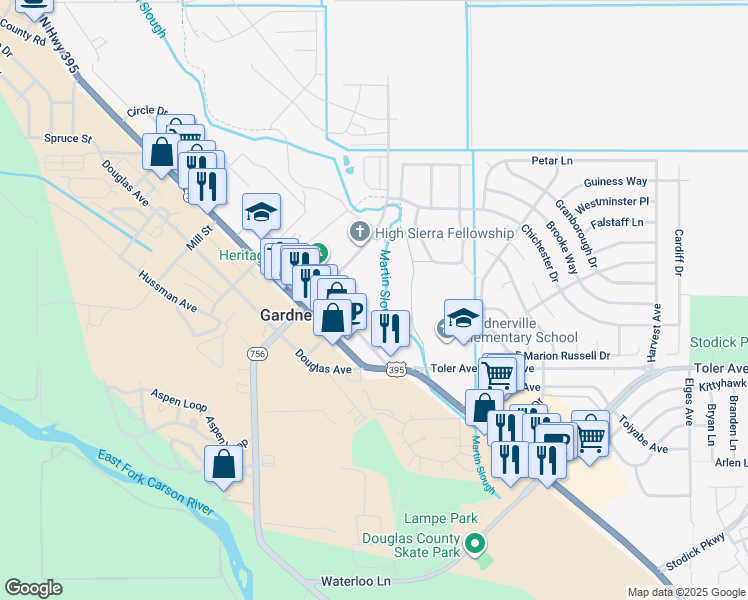 map of restaurants, bars, coffee shops, grocery stores, and more near 1431 Ezell Street in Gardnerville
