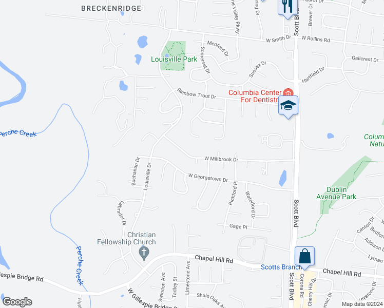 map of restaurants, bars, coffee shops, grocery stores, and more near 4921 West Millbrook Drive in Columbia