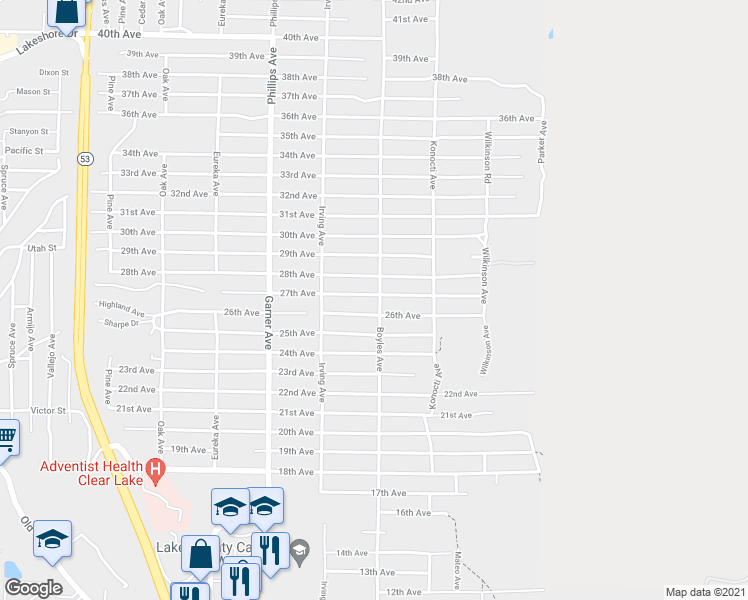 map of restaurants, bars, coffee shops, grocery stores, and more near 16115 27th Avenue in Clearlake