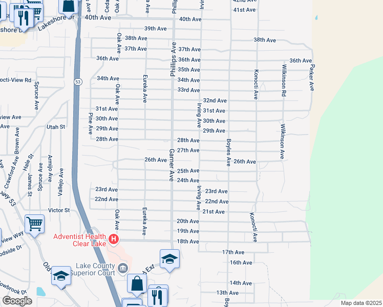 map of restaurants, bars, coffee shops, grocery stores, and more near 16004 26th Avenue in Clearlake