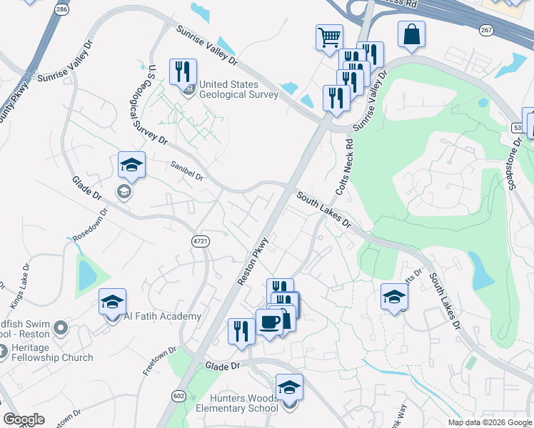 map of restaurants, bars, coffee shops, grocery stores, and more near 2237 Southgate Square in Reston
