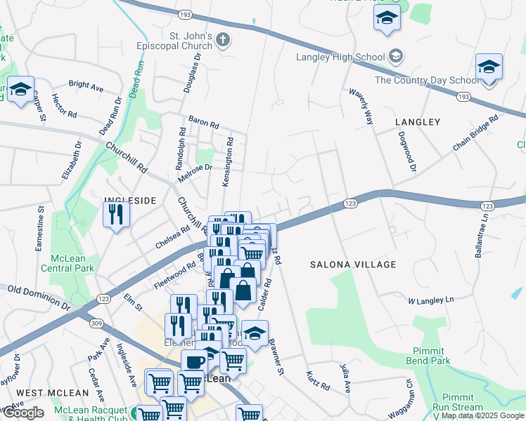 map of restaurants, bars, coffee shops, grocery stores, and more near 6651 Madison McLean Drive in McLean