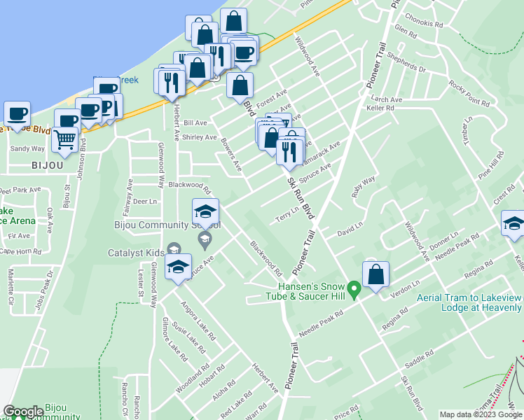map of restaurants, bars, coffee shops, grocery stores, and more near 3598 Spruce Avenue in South Lake Tahoe