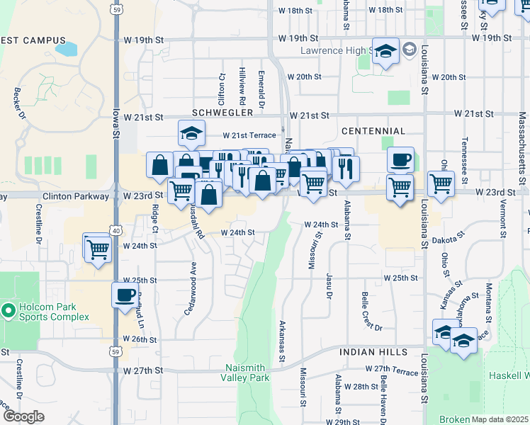 map of restaurants, bars, coffee shops, grocery stores, and more near 1411w West 23rd Street in Lawrence
