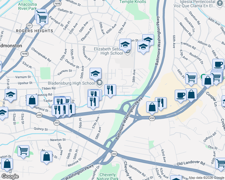 map of restaurants, bars, coffee shops, grocery stores, and more near 4205 58th Avenue in Bladensburg