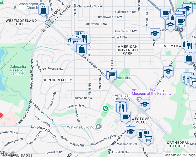 map of restaurants, bars, coffee shops, grocery stores, and more near 4016 47th Street Northwest in Washington