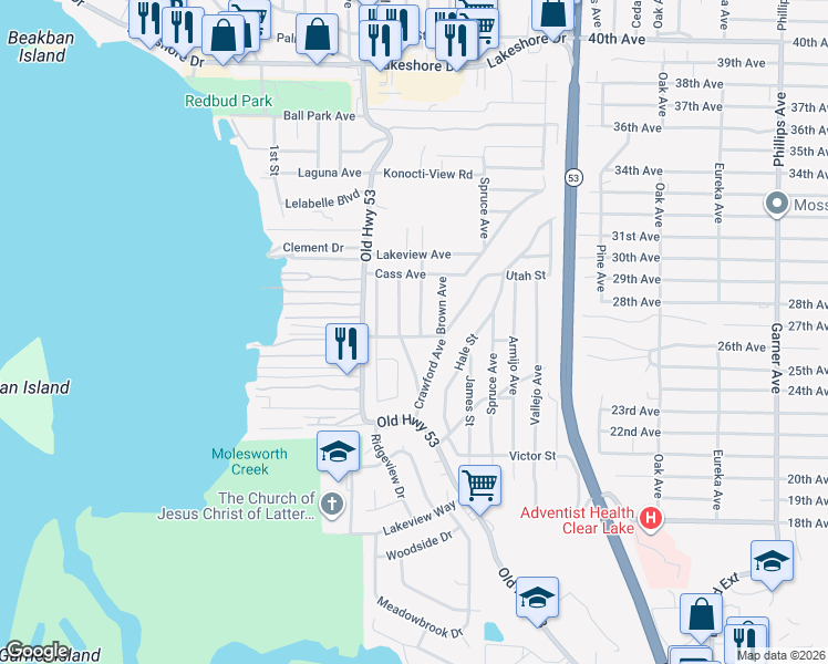 map of restaurants, bars, coffee shops, grocery stores, and more near 15172 Cypress Avenue in Clearlake