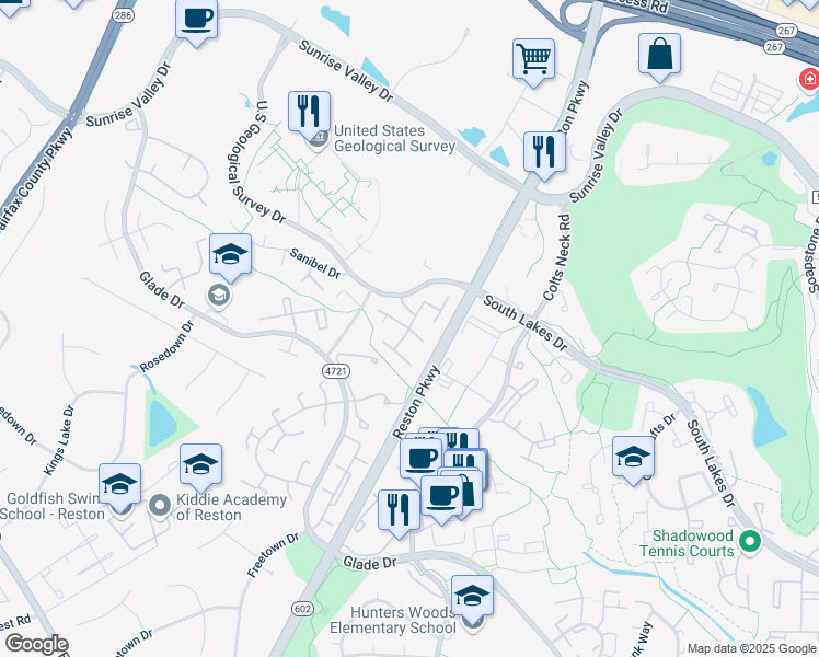 map of restaurants, bars, coffee shops, grocery stores, and more near Southgate Square in Reston