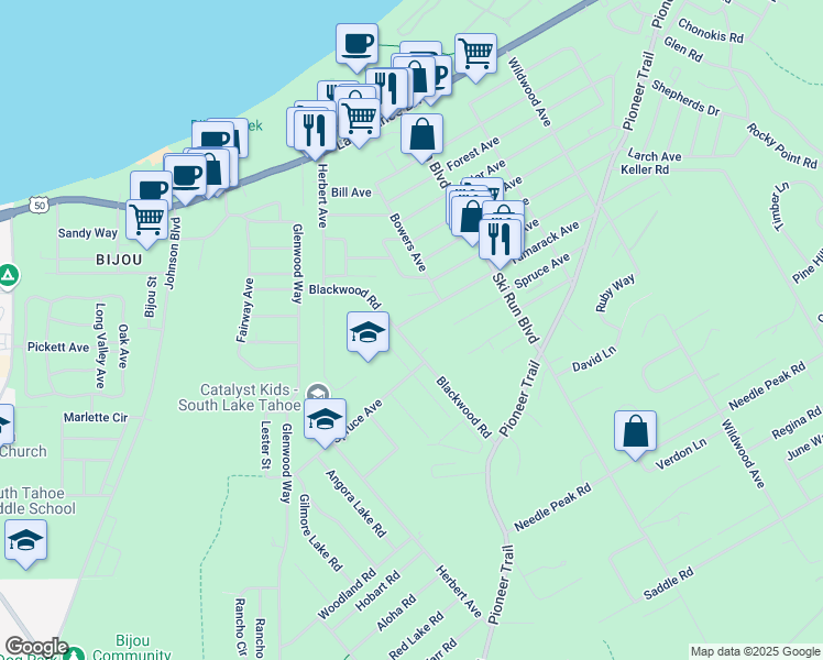map of restaurants, bars, coffee shops, grocery stores, and more near 3653 Blackwood Road in South Lake Tahoe