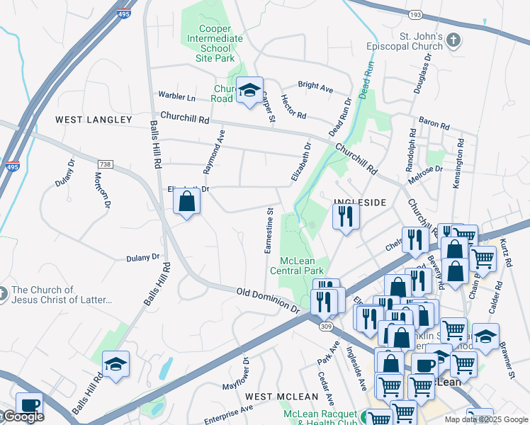 map of restaurants, bars, coffee shops, grocery stores, and more near 1216 Earnestine Street in McLean