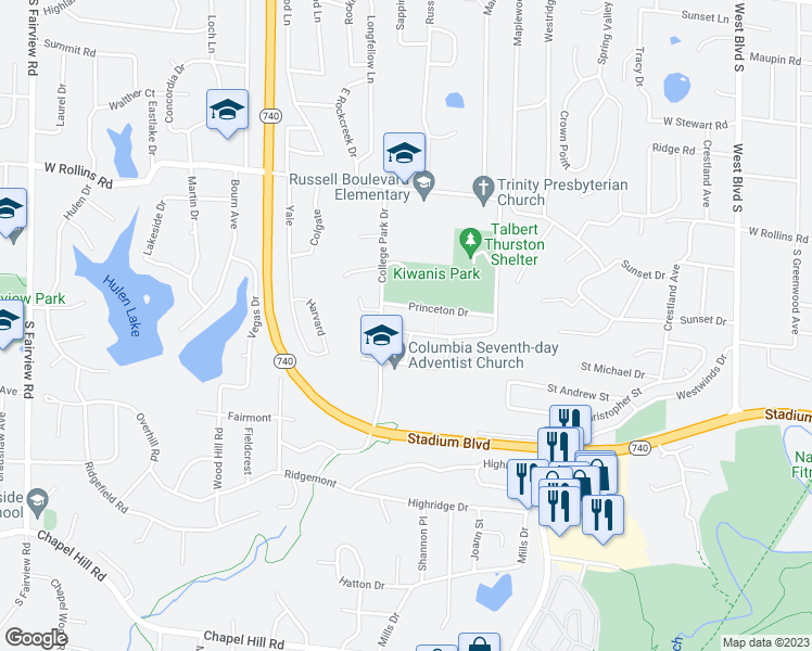 map of restaurants, bars, coffee shops, grocery stores, and more near 1803 Stanford Drive in Columbia
