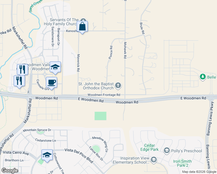 map of restaurants, bars, coffee shops, grocery stores, and more near 7501-7585 Ponca Road in Colorado Springs