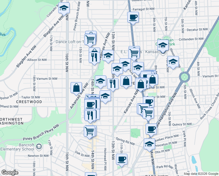map of restaurants, bars, coffee shops, grocery stores, and more near Upshur Street Northwest in Washington