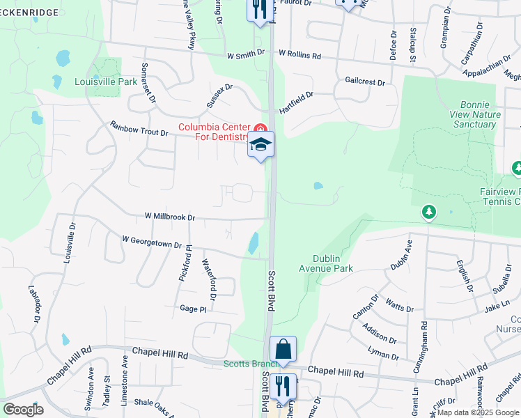 map of restaurants, bars, coffee shops, grocery stores, and more near 4367 Millbrook Court in Columbia