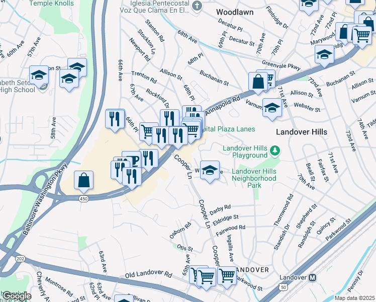 map of restaurants, bars, coffee shops, grocery stores, and more near 6611 Annapolis Road in Hyattsville