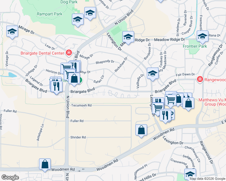 map of restaurants, bars, coffee shops, grocery stores, and more near 7576 Picacho Court in Colorado Springs