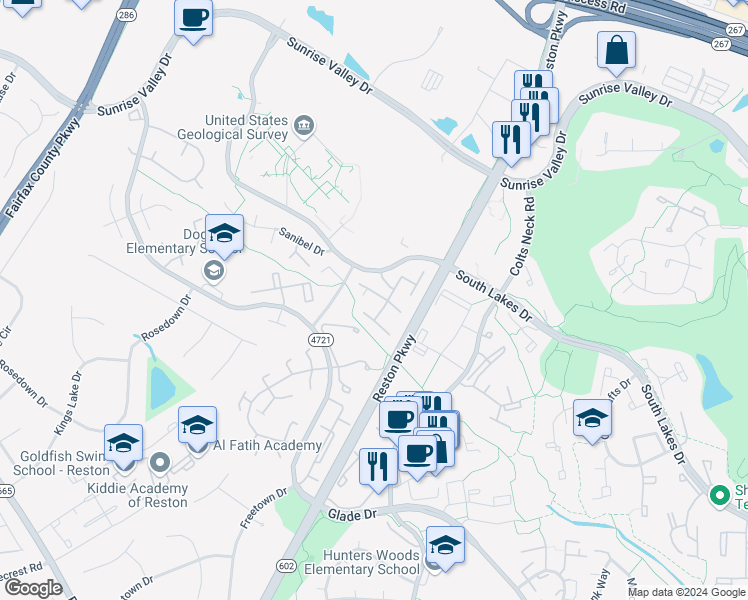 map of restaurants, bars, coffee shops, grocery stores, and more near 2368 Southgate Square in Reston