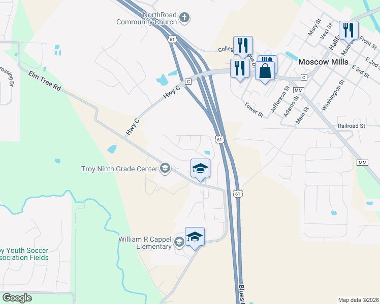 map of restaurants, bars, coffee shops, grocery stores, and more near 138 Pam Court in Moscow Mills