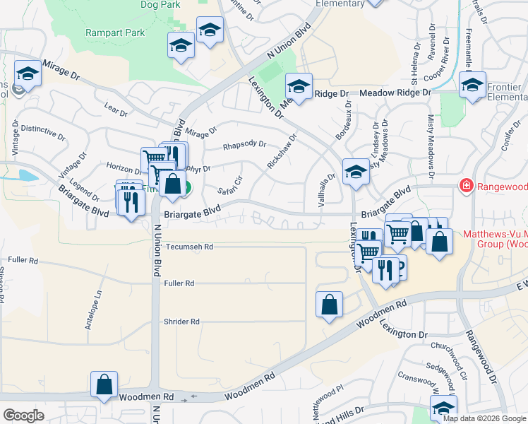 map of restaurants, bars, coffee shops, grocery stores, and more near 7576 Picacho Court in Colorado Springs