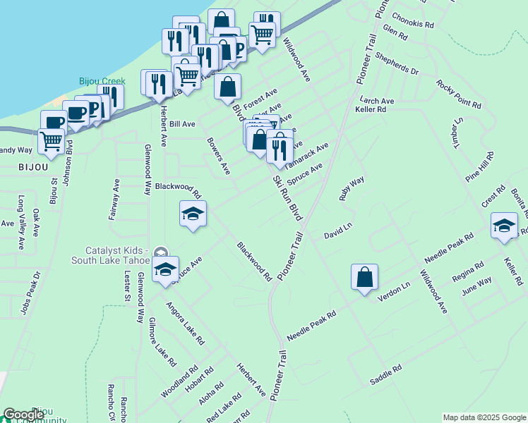 map of restaurants, bars, coffee shops, grocery stores, and more near 3605 Terry Avenue in South Lake Tahoe
