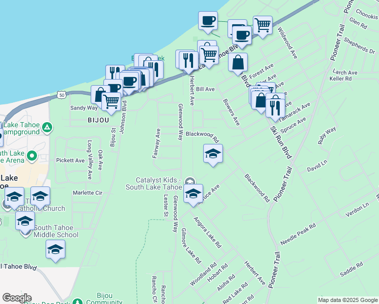 map of restaurants, bars, coffee shops, grocery stores, and more near 1168 Herbert Avenue in South Lake Tahoe