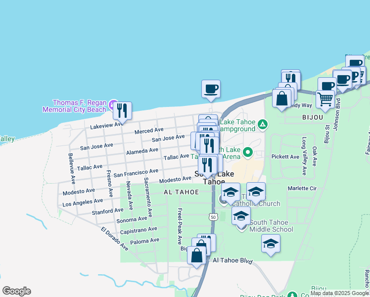map of restaurants, bars, coffee shops, grocery stores, and more near 953 Tallac Avenue in South Lake Tahoe