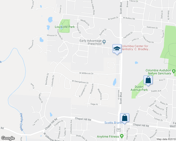 map of restaurants, bars, coffee shops, grocery stores, and more near 4601 West Millbrook Drive in Columbia