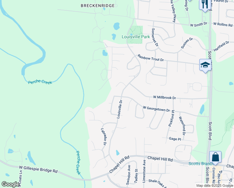 map of restaurants, bars, coffee shops, grocery stores, and more near 1510 Buchanan Drive in Columbia