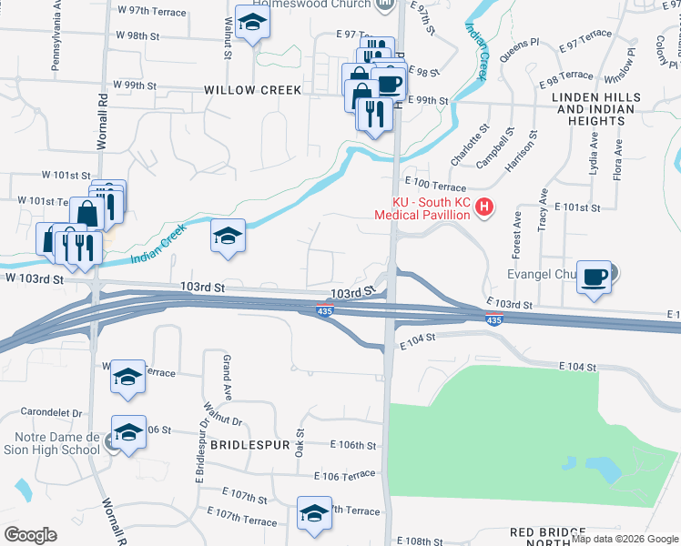 map of restaurants, bars, coffee shops, grocery stores, and more near 10265 CedarBrooke Lane in Kansas City