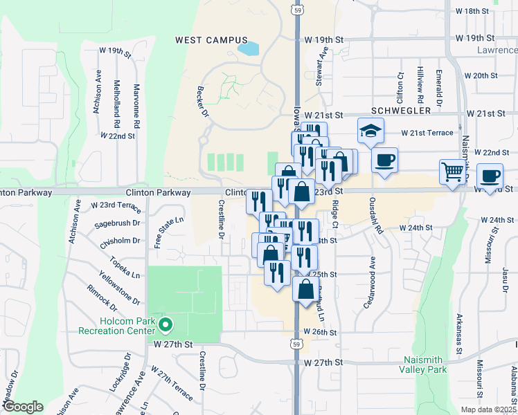 map of restaurants, bars, coffee shops, grocery stores, and more near 2245-2399 Clinton Parkway in Lawrence