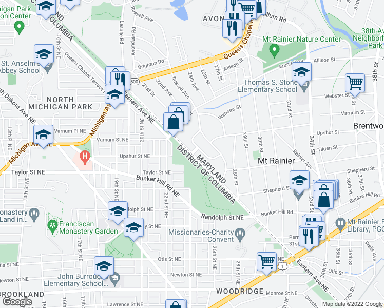map of restaurants, bars, coffee shops, grocery stores, and more near Eastern Ave NE & Kaywood Pl in Mt Rainier