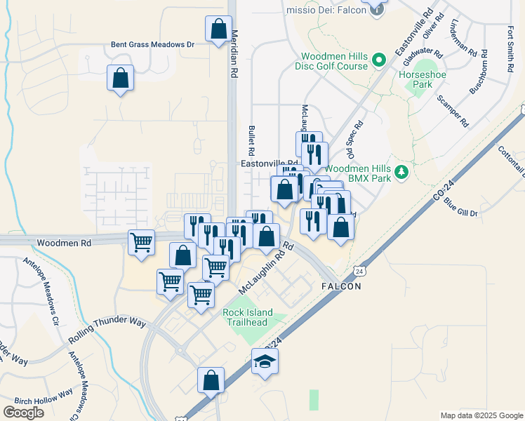 map of restaurants, bars, coffee shops, grocery stores, and more near 7533 Jaoul Point in Peyton