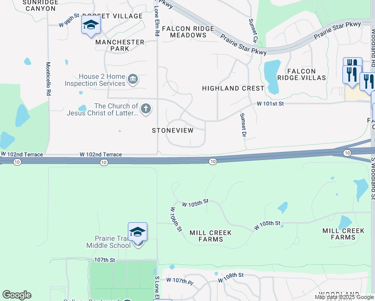 map of restaurants, bars, coffee shops, grocery stores, and more near 10145 Theden Circle in Lenexa