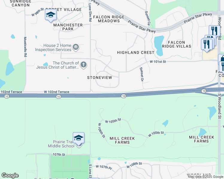 map of restaurants, bars, coffee shops, grocery stores, and more near 10145 Theden Cir in Lenexa