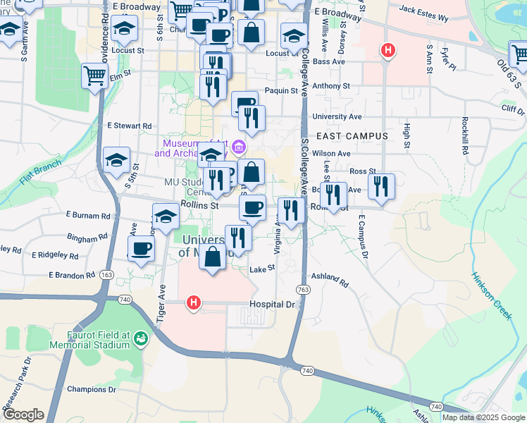 map of restaurants, bars, coffee shops, grocery stores, and more near 1100 Rollins Street in Columbia