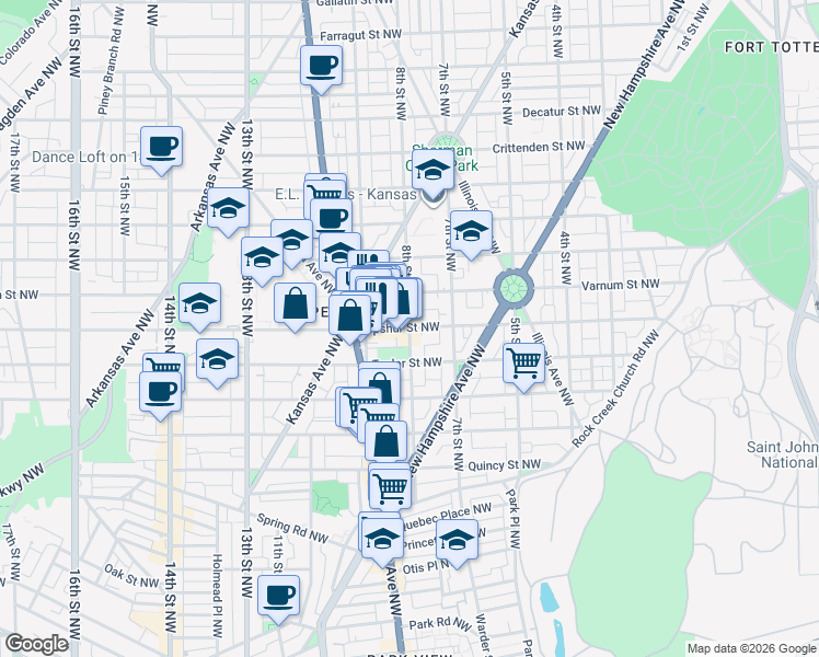 map of restaurants, bars, coffee shops, grocery stores, and more near 8th St NW & Upshur St NW in Washington