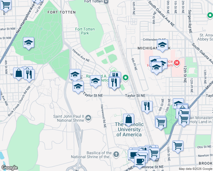 map of restaurants, bars, coffee shops, grocery stores, and more near 400 Taylor Street Northeast in Washington