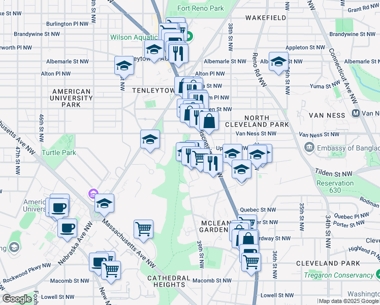 map of restaurants, bars, coffee shops, grocery stores, and more near 3990 Upton Street Northwest in Washington